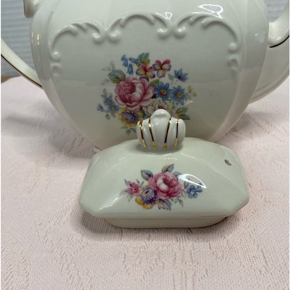 Vtg Windsor by James Sadler Cube Pink Rose Floral Bouquet Teapot with Lid Gold - Picture 7 of 16